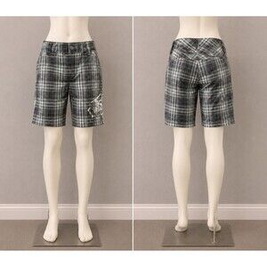 Fox Racing Women’s Plaid Bermuda Shorts Large Gray Blue Stretch Y2K Moto